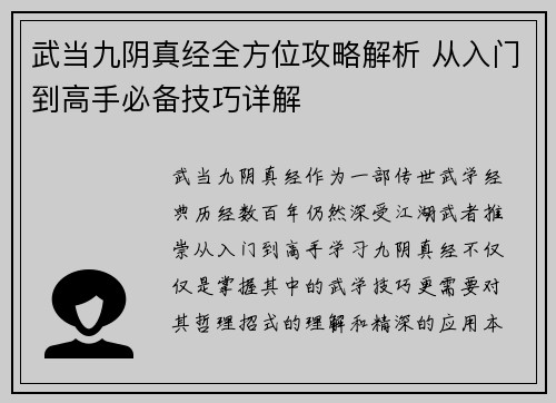 武当九阴真经全方位攻略解析 从入门到高手必备技巧详解